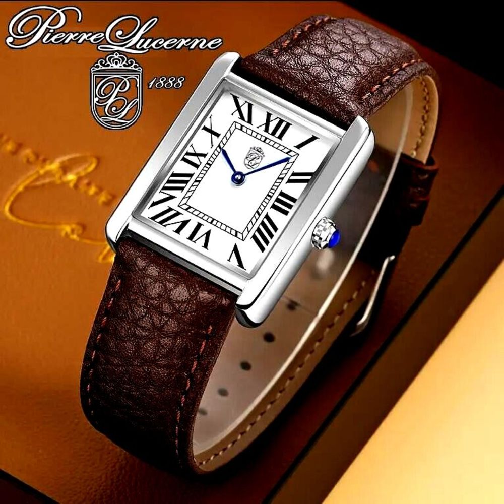Pierre Lucerne 1888 Must Tank Style Mens Dress Watch Swiss Inspired Brown Band - Picture 2 of 16